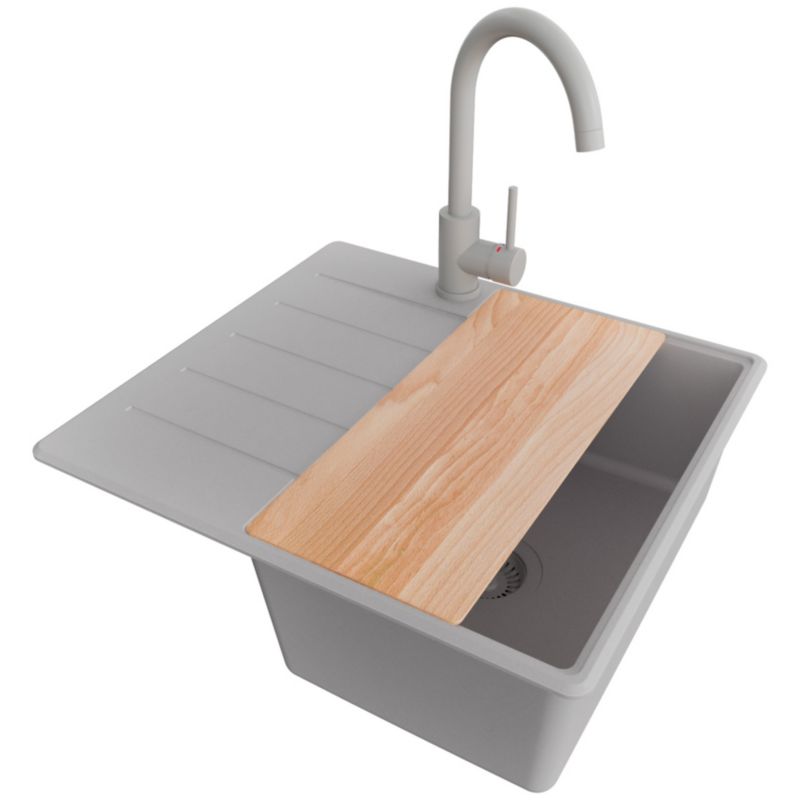 Zlewozmywak Granitowy Kopenhaga Top PRIMAGRAN Nablatowy 55x50cm, Cały Szary + Bateria + Syfon + Akcesorium, S072, 1 szt.