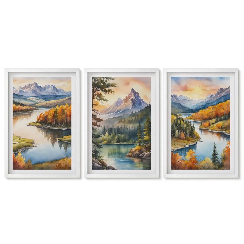 Trzy obrazy w białej ramie zestaw Tulup 40x60 cm Górskie pejzaże z rzeką Galeria ścienna 1 kpl