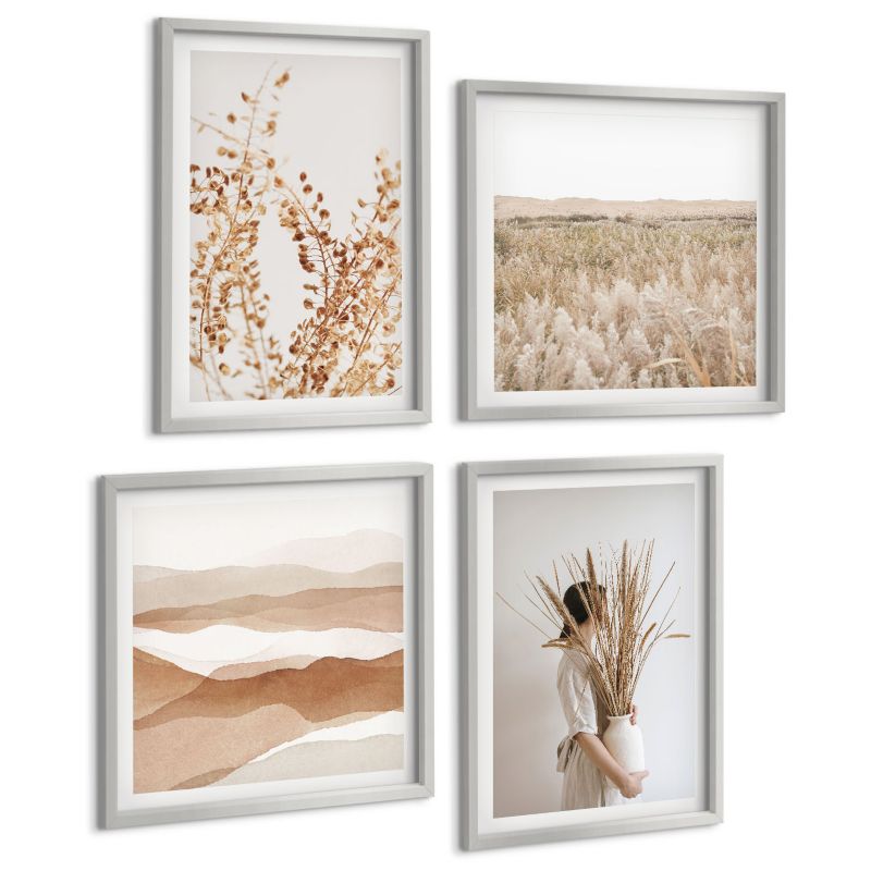 Zestaw Obrazów 4 Częściowy ArtPrintCave (2x50x50+2x40x60cm) Srebrna rama Roślinne motywy boho styl 1 kpl.