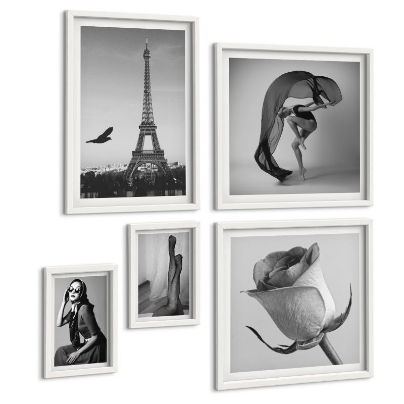 Zestaw Obrazów 5 Częściowy ArtPrintCave (2x50x50+2x20x30+40x60cm) Biała rama Stylowe portrety kobiet eleganckich 1 kpl.