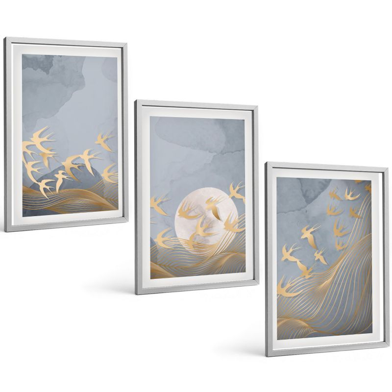 Zestaw 3 Obrazów w Srebrnej Ramie ArtPrintCave 40x60 cm Galeria Ścienna Ptaki w locie na niebie 1 kpl.