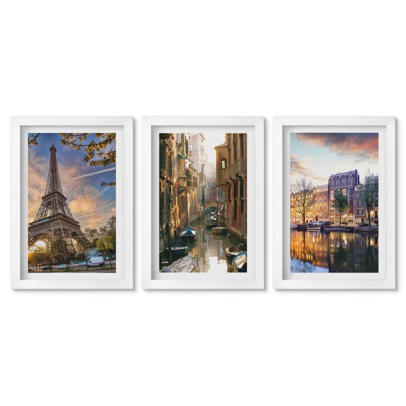 Tryptyk w białej ramie Tulup 20x30 cm Wieża Eiffla kanały Wenecji Amsterdam Obrazy w białej ramie 1 kpl