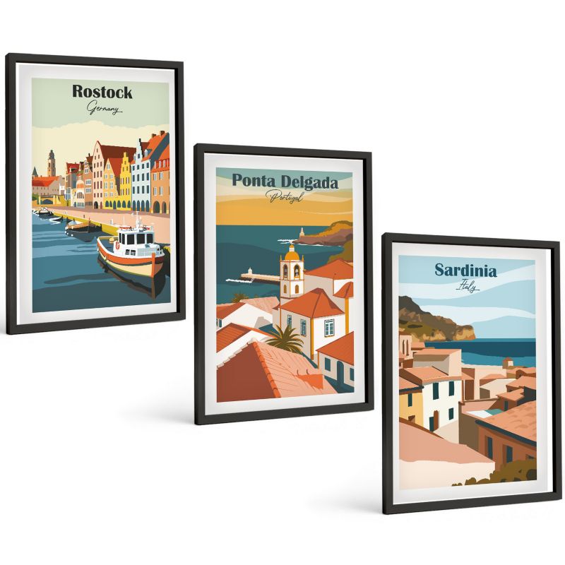 Komplet 3 Obrazów w Czarnej Ramie ArtPrintCave 40x60 cm Grafika Ścienna Widoki miast nadmorskich Europy 1 kpl.