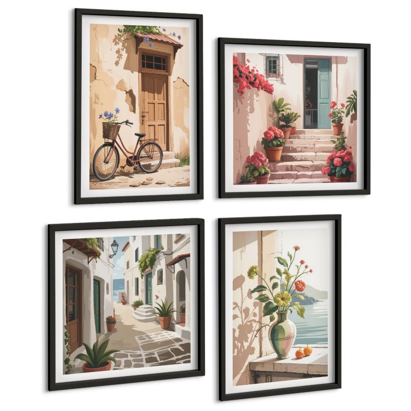 Zestaw 4 Obrazów ArtPrintCave (2x50x50+2x40x60cm) Czarna rama Uliczki kwiaty rower malowane 1 kpl.