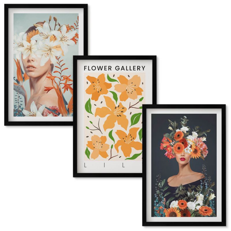 Tryptyk w Ramie Wallfluent Kwiatowe portrety z bukietami Czarna rama 40x60 cm 3 szt.