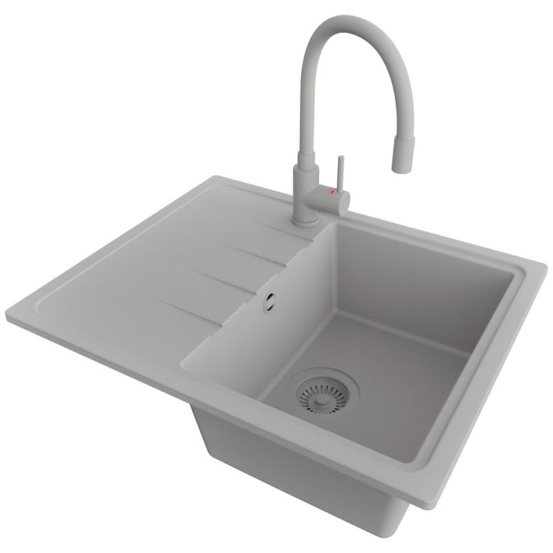 Zlewozmywak Granitowy Mediolan PRIMAGRAN Nablatowy 62x50cm do Szafki od 40cm, Cały Szary + Bateria 38x14cm + Syfon, S026, 1 szt.