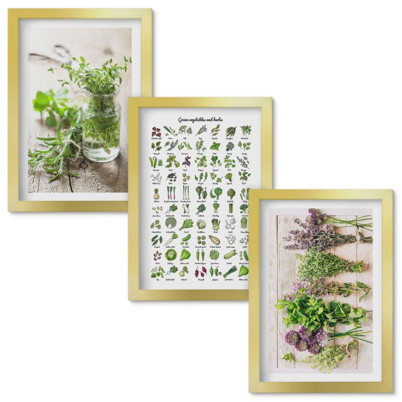 Tryptyk Obrazów w Ramie Wallfluent Suszone zioła do kuchni Złota rama 20x30cm 3 szt.