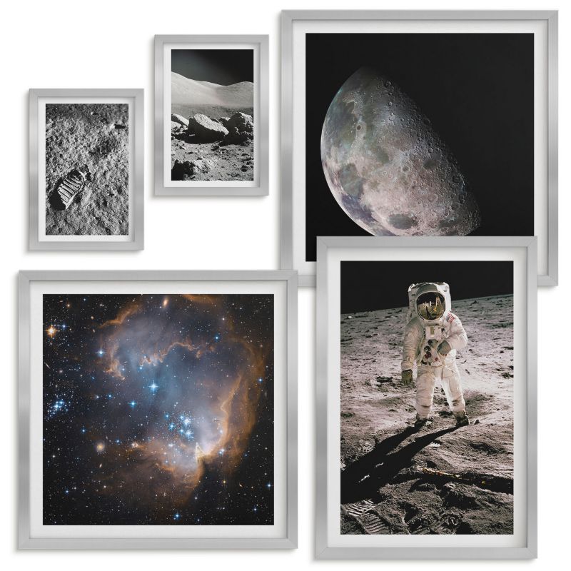 Set Obrazów w Ramie Wallfluent Astronauta Księżyc ślad zdjęcie Srebrna rama 5 szt.