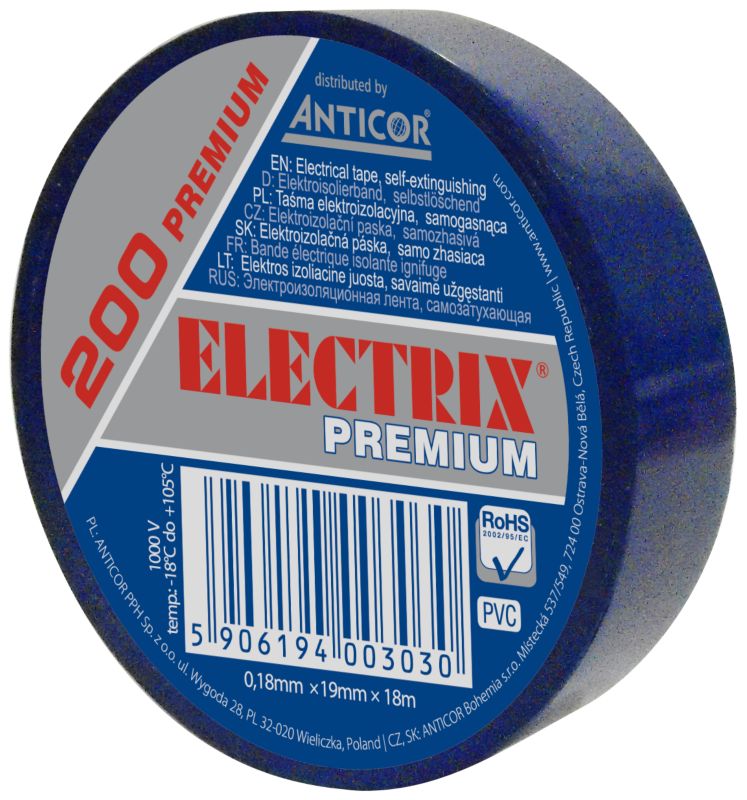 Taśma izolacyjna PCV Electrix 200 0,18 mm x 19 mm x 18 m niebieska