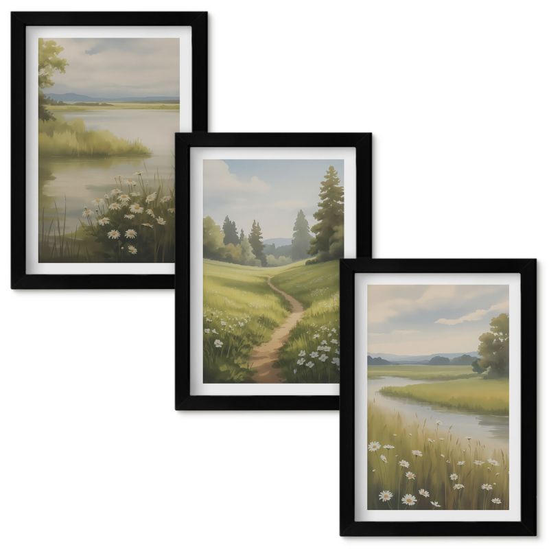 Tryptyk Obrazów w Ramie Wallfluent Wiosenny krajobraz rzeka łąka Czarna rama 20x30cm 3 szt.