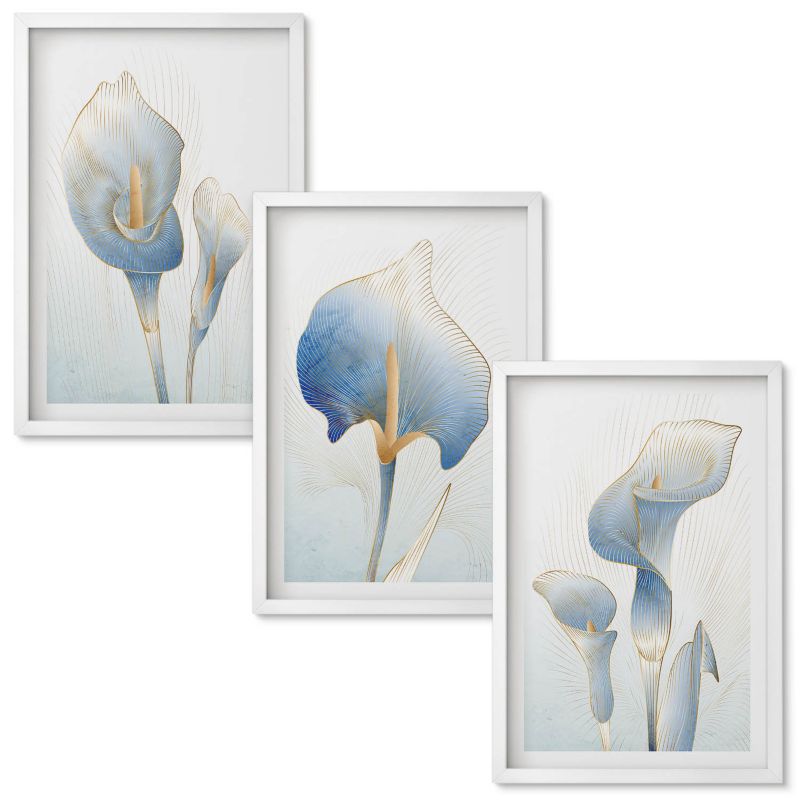 Tryptyk Obrazów w Ramie Wallfluent Błękitne kwiaty na tle Biała rama 40x60 cm 3 szt.
