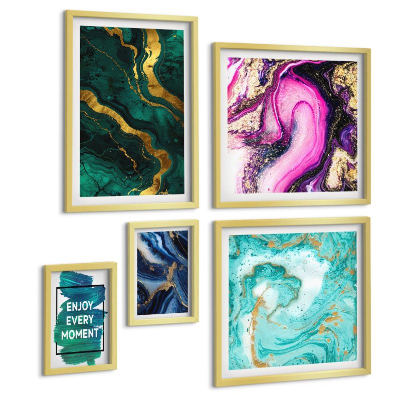 Galeria 5 Obrazów ArtPrintCave (2x50x50+2x20x30+40x60cm) Złota rama Abstrakcyjne wzory róż zieleń niebieski 1 kpl.