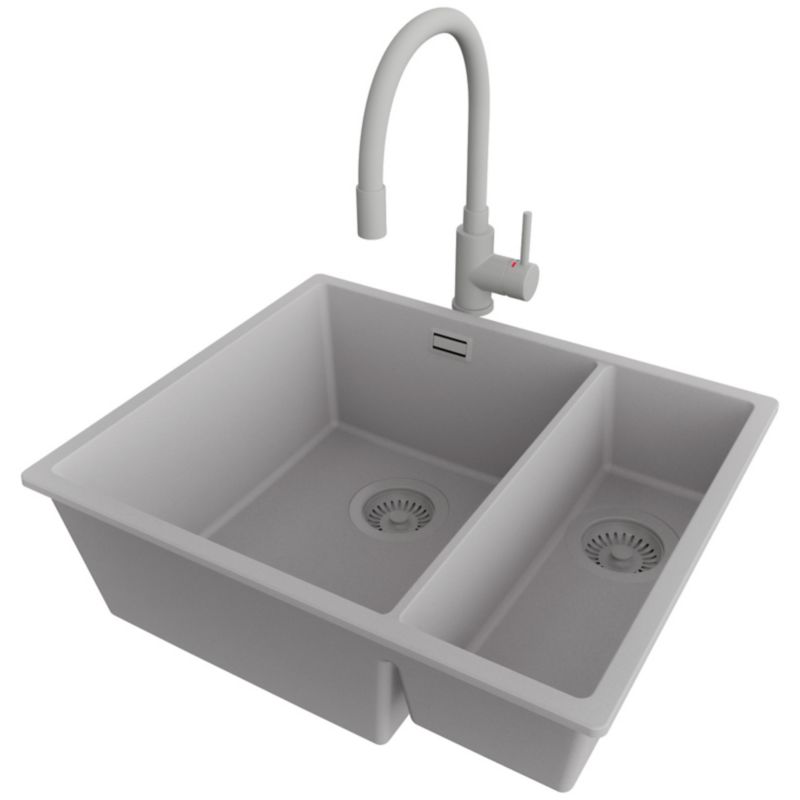 Zlewozmywak podblatowy Londyn Duo PRIMAGRAN 56x47cm do Szafki od 60cm, Cały Szary + Bateria 38x14cm + Syfon, S032, 1 szt.