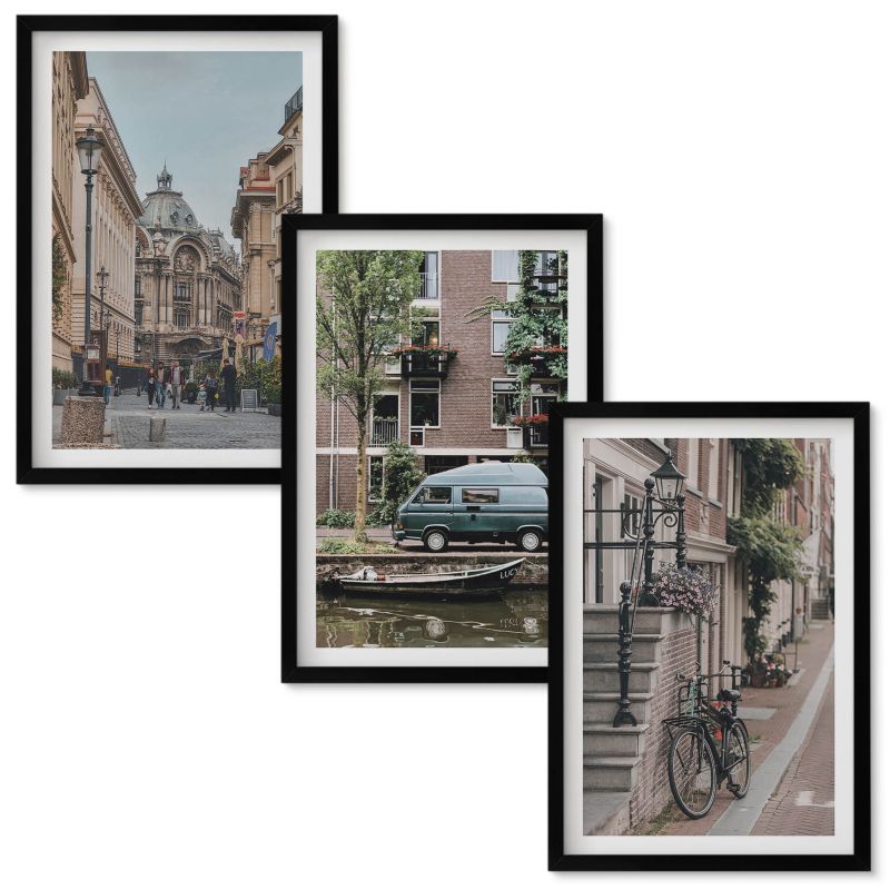 Zestaw obrazów Wallfluent Miejskie widoki na budynki Czarna rama 40x60 cm 3 szt.