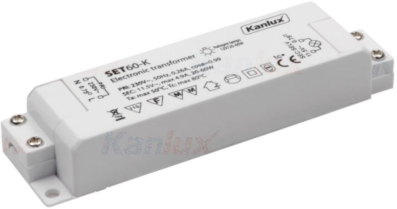 Trnsformator do żarówek halogenowych Kanlux moc od 20 do 60W output 12V AC zmiennoprądowy IP20 - 1 szt