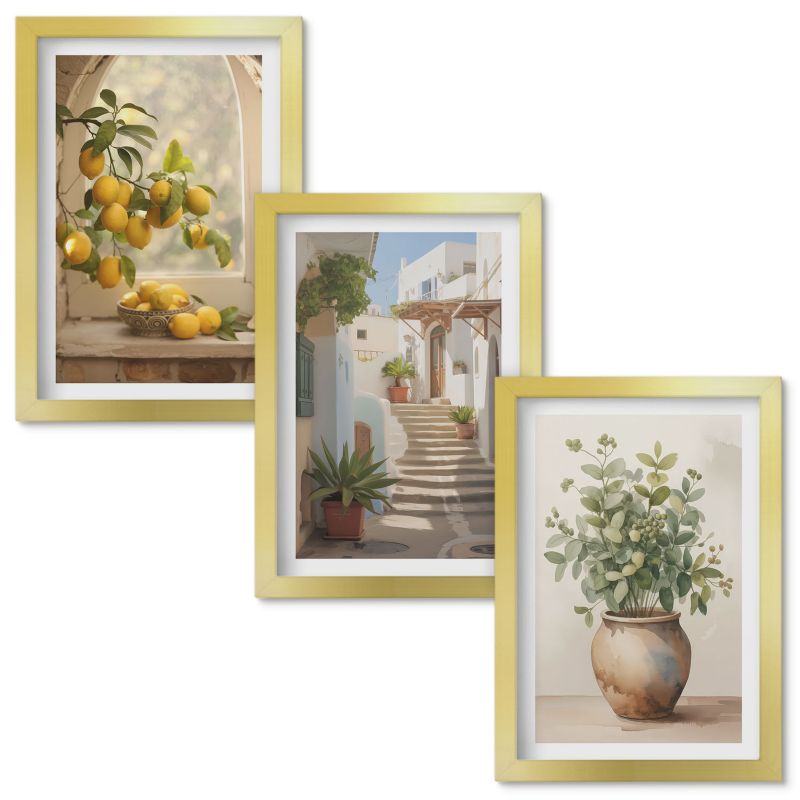 Obraz Ścienny Zestaw Wallfluent Cytryny w wazonie rośliny Złota rama 20x30cm 3 szt.