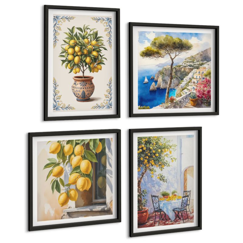 Zestaw Obrazów 4 Częściowy ArtPrintCave (2x50x50+2x40x60cm) Czarna rama Cytrynowe drzewa w słońcu 1 kpl.