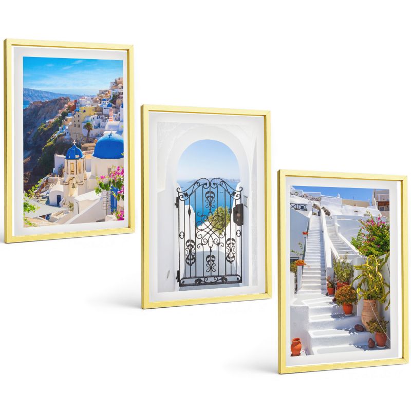 Zestaw Obrazów 3 Częściowy ArtPrintCave Złote Ramki 40x60 cm Dekoracja do Sypialni Santorini architektura Oia 1 kpl.