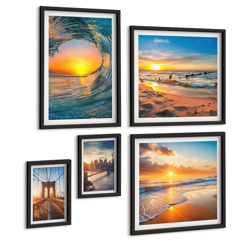 Pięcioczęściowy Zestaw Obrazów ArtPrintCave (2x50x50+2x20x30+40x60cm) Czarna rama Mosty zachody słońca miasto 1 kpl.