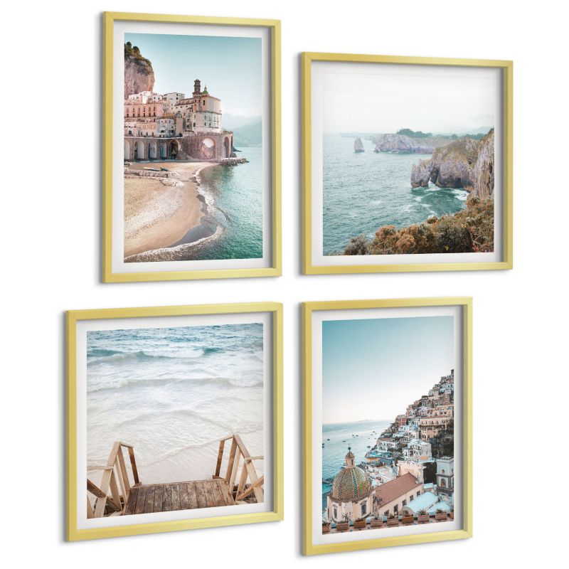 Komplet 4 Obrazów ArtPrintCave (2x50x50+2x40x60cm) Złota rama Letnie pastelowe widoki plażowe 1 kpl.