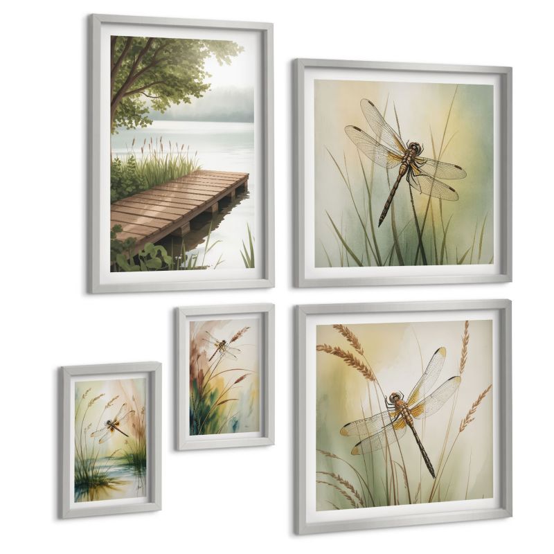 Komplet 5 Obrazów ArtPrintCave (2x50x50+2x20x30+40x60cm) Srebrna rama Trawy ważki nad wodą 1 kpl.