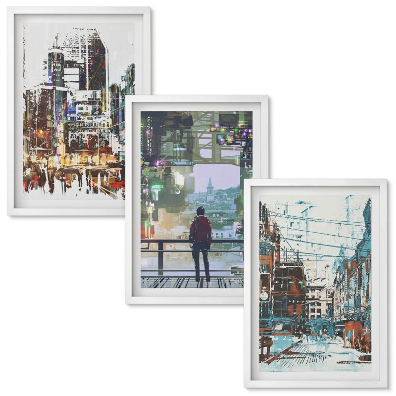 Obrazy Do Sypialni Wallfluent Nowoczesne miasta kolorowe postacie Biała rama 40x60 cm 3 szt.