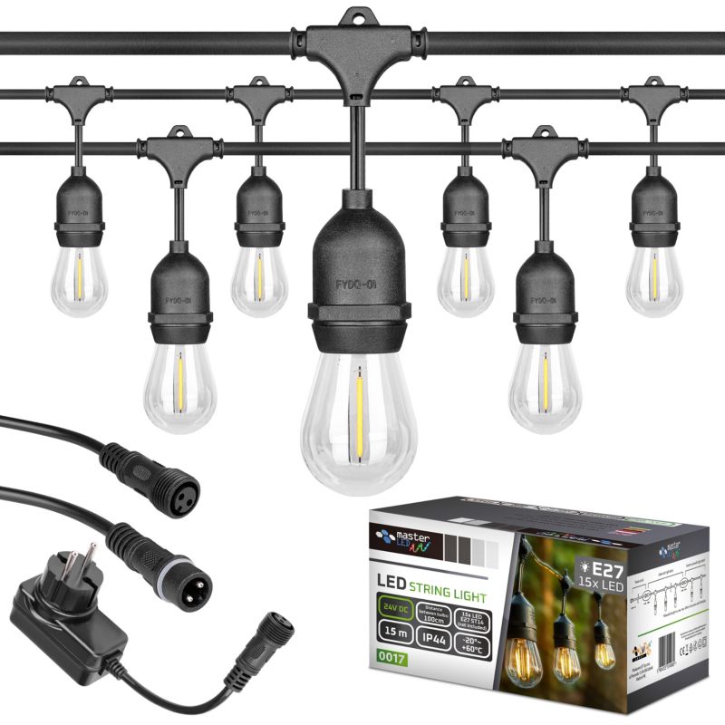 Girlanda świetlna MasterLED 15m 15x E27 LED 24V IP44 ogrodowa balkonowa czarna 1 szt.