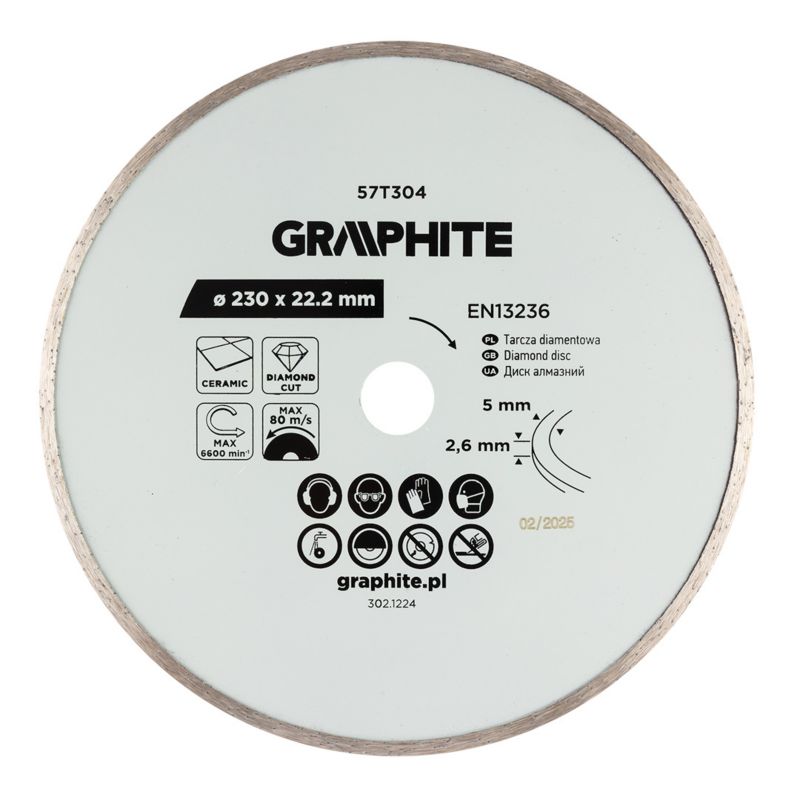 Tarcza diamentowa GRAPHITE do cięcia pełna, 230 x 22.2 mm, na mokro 1 szt