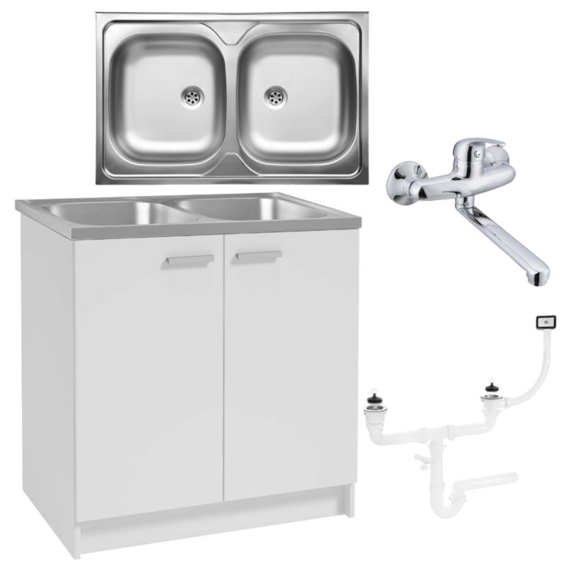 Szafka Kuchenna STAMAR Biała Zlew 2 Komory 800 mm + Bateria Ścienna Chrom + Syfon 1 szt