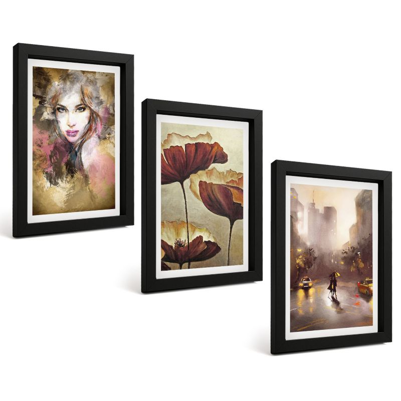 Komplet 3 Obrazów w Czarnej Ramie ArtPrintCave 20x30 cm Grafika Ścienna Abstrakcyjny portret kobiety kwiaty deszcz 1 kpl.