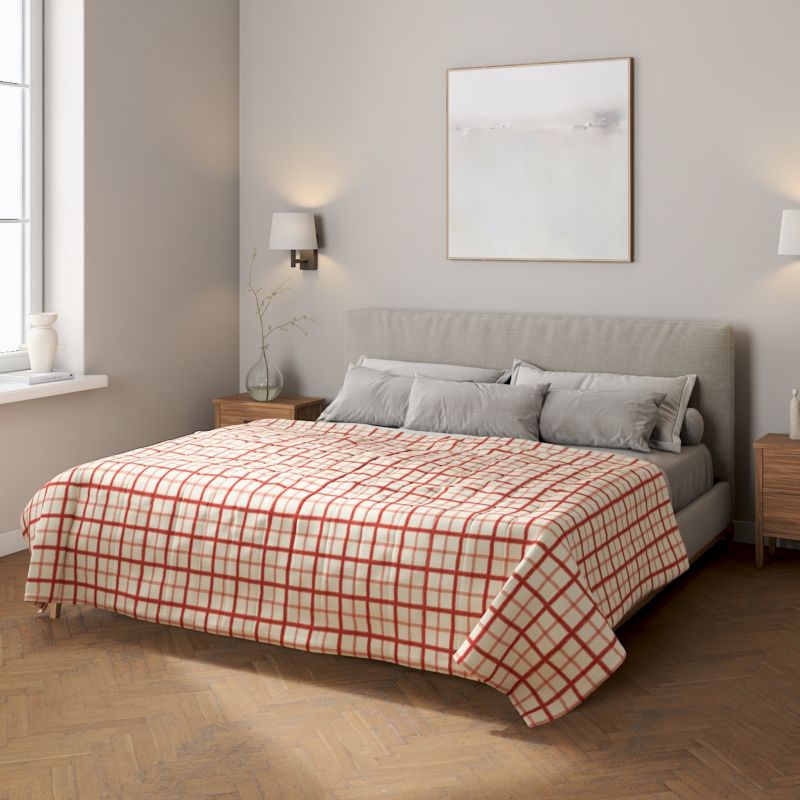 Narzuta pikowana w pasy Dekoria 170 x 210 cm czerwona kratka na tle ecru 1 szt.