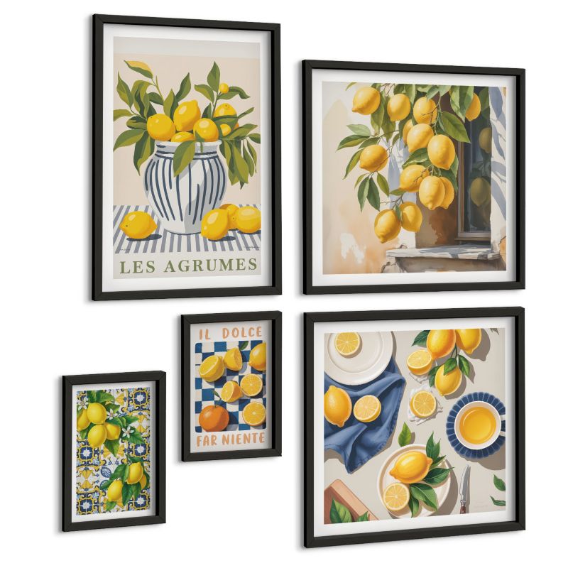 Galeria 5 Obrazów ArtPrintCave (2x50x50+2x20x30+40x60cm) Czarna rama Kwiaty oliwne koktajle rustykalne 1 kpl.