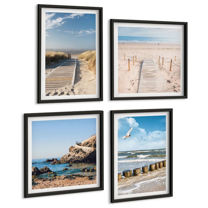 Zestaw 4 Obrazów ArtPrintCave (2x50x50+2x40x60cm) Czarna rama Plaża piasek fale niebo ptaki 1 kpl.