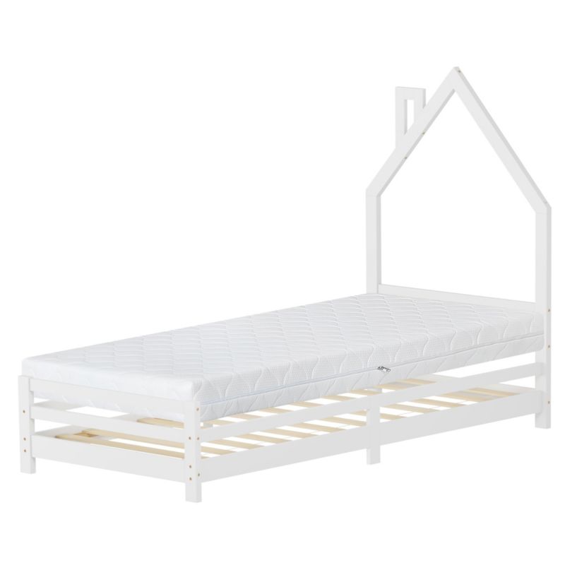 Łóżko dziecięce ML Design domek 90x200 cm białe z materacem 16 cm drewniane stelaż komin sosnowe młodzieżowe dla chłopców 1 szt