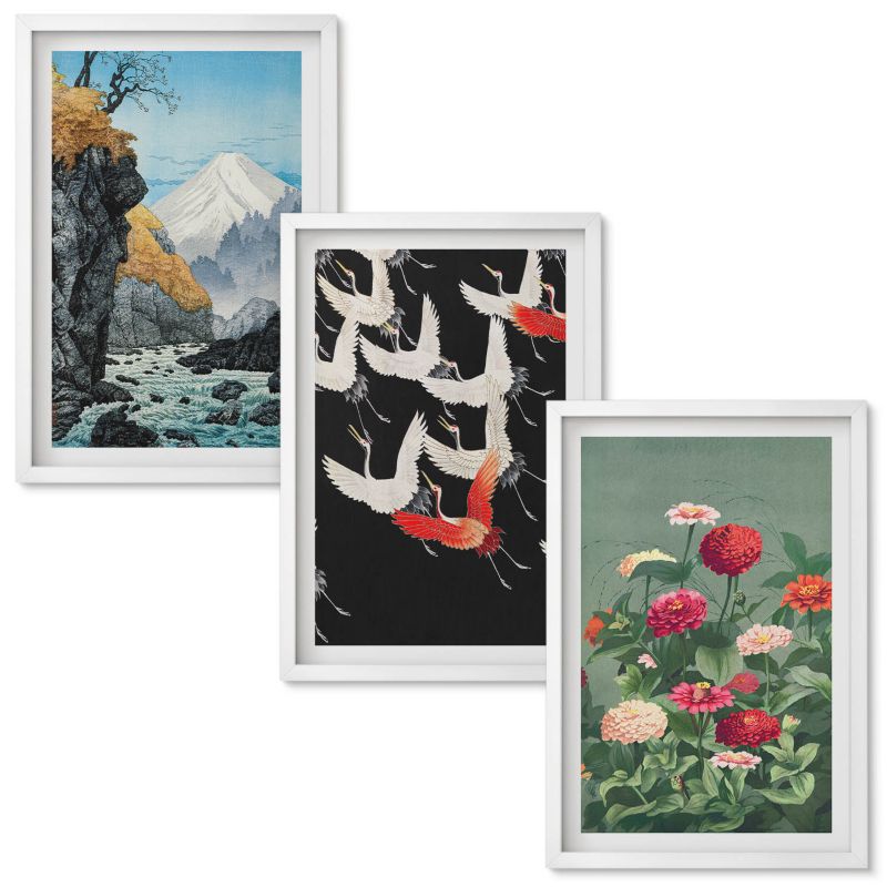 Set Obrazów w Ramie Wallfluent Góry wodospad ptaki kwiaty Biała rama 40x60 cm 3 szt.