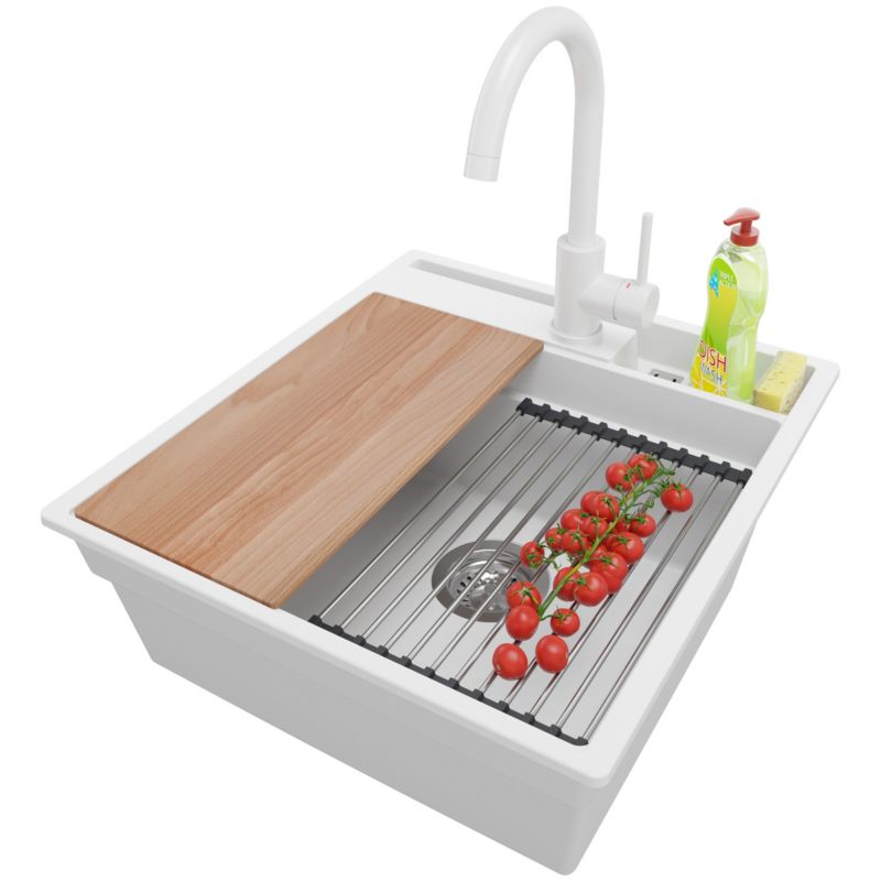 Zlewozmywak Granitowy Oslo Pocket PRIMAGRAN Nablatowy 48x53cm do Szafki od 50cm, Biały + Bateria 32x20cm + Syfon, S162, 1 szt.
