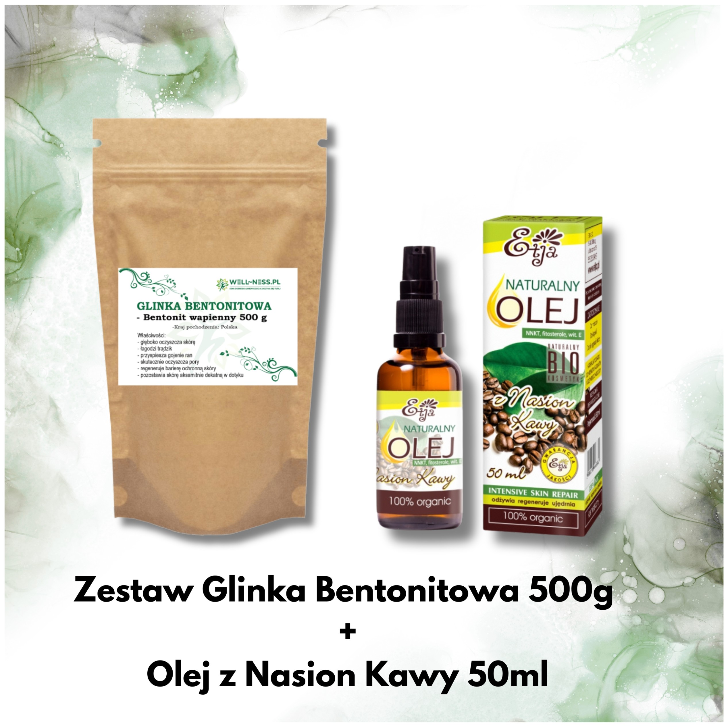 Zestaw glinka bentonitowa - bentonit wapienny 500g + olej z nasion kawy BIO 50 ml