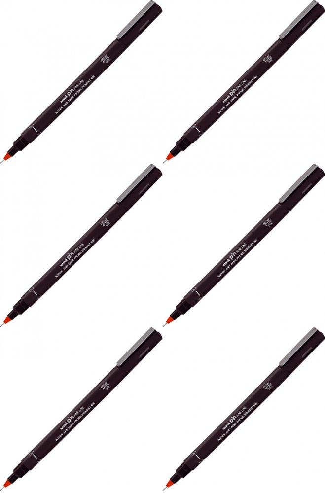 6x Cienkopis kreślarski Uni PIN-200, 0.1mm, czerwony