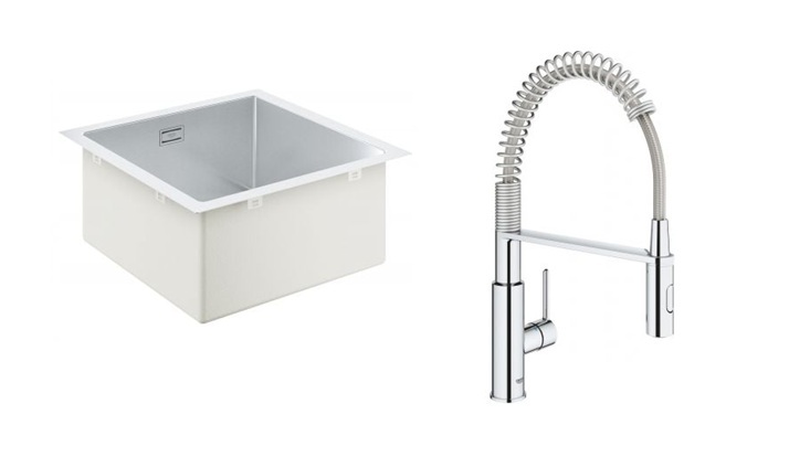 Zestaw Grohe K700 zlewozmywak stalowy 46,4x46,4 cm satyna i bateria kuchenna Get chrom (31578SD1, 30361000) - Wysyłka w 24h