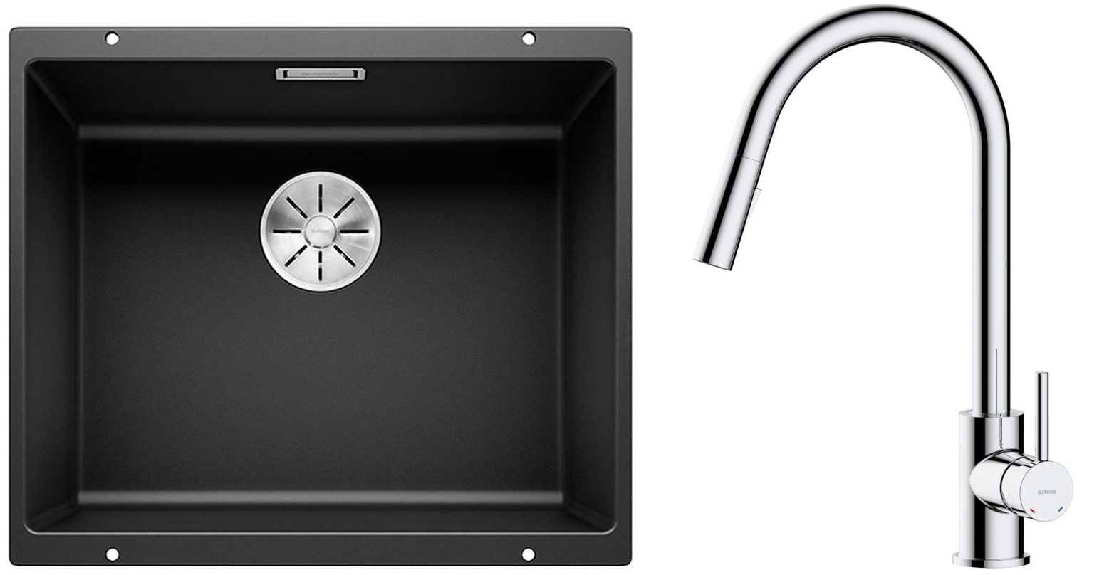 Zestaw Blanco Subline 500-U zlewozmywak granitowy 50x40 cm z baterią kuchenną Oltens Litla czarny mat/chrom (35204100, 525995) - Wysyłka w 24h