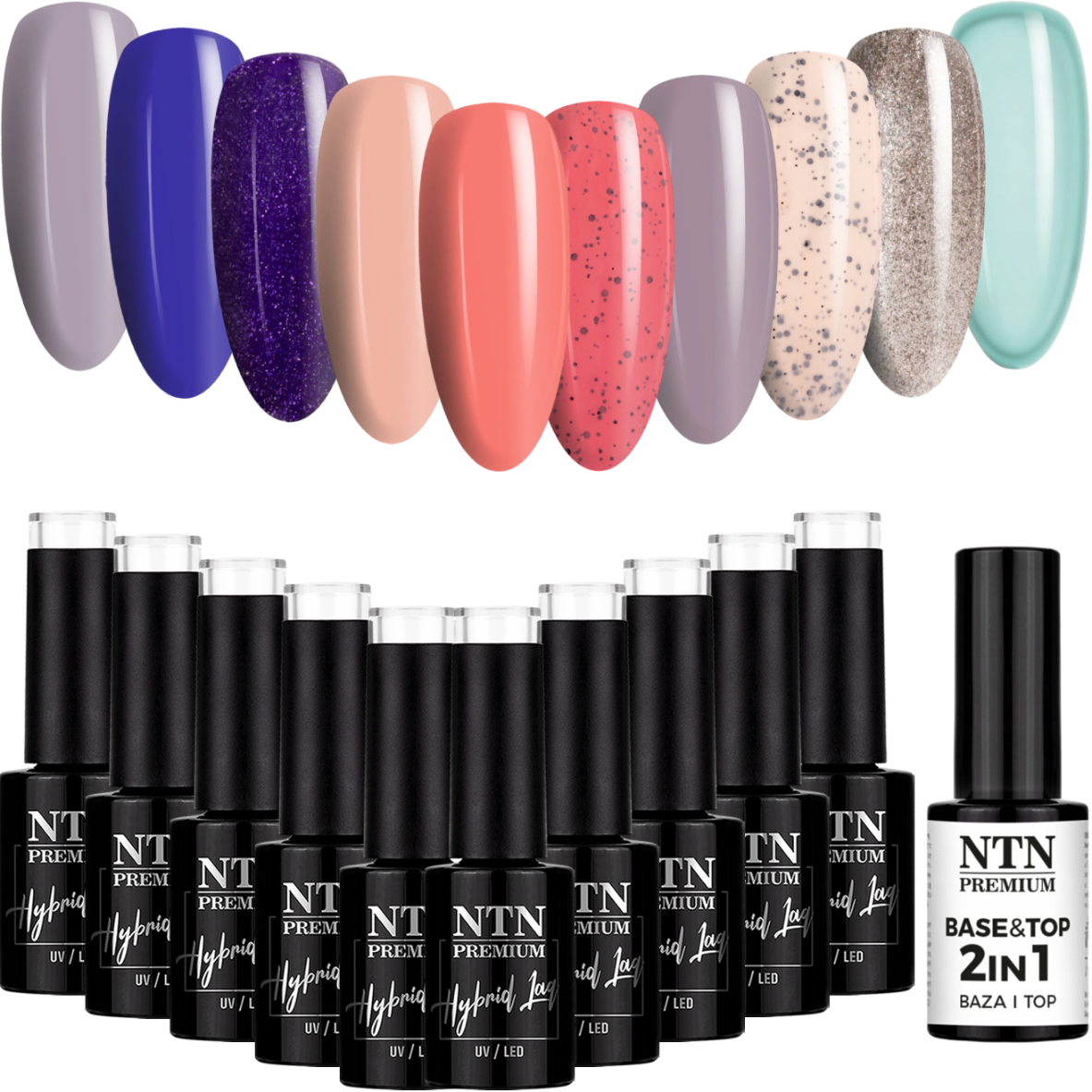 10x Lakier Hybrydowy NTN 5g Mix Kolorów v3 + Base&Top 2w1