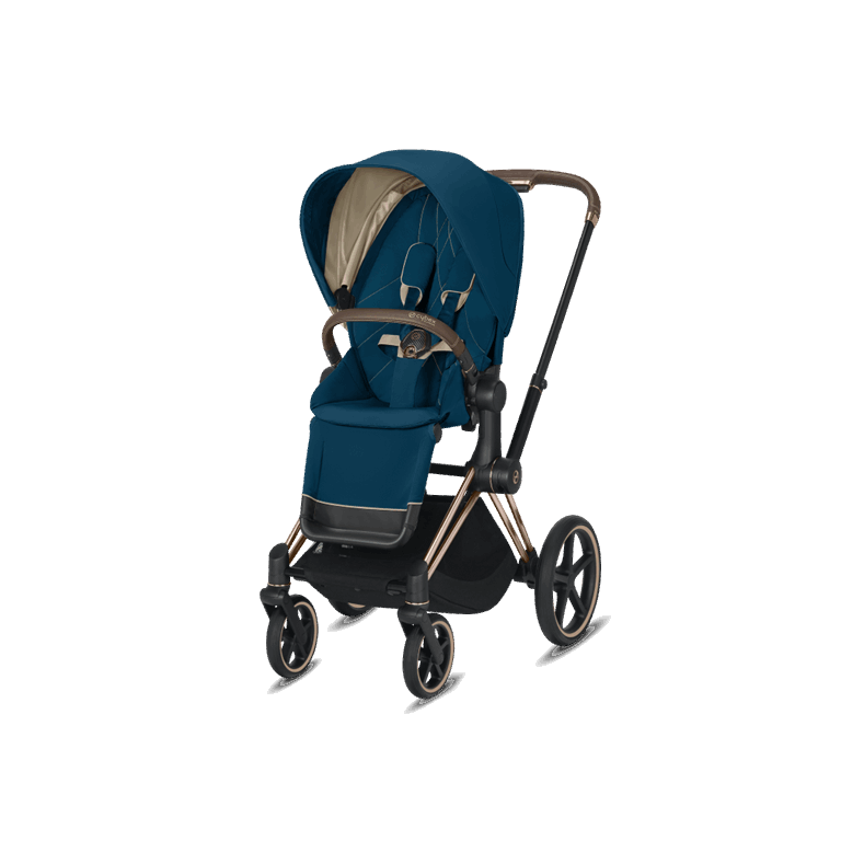 Cybex, Priam 2.0 - wózek spacerowy-Mountain Blue-Chrome z brązową rączką