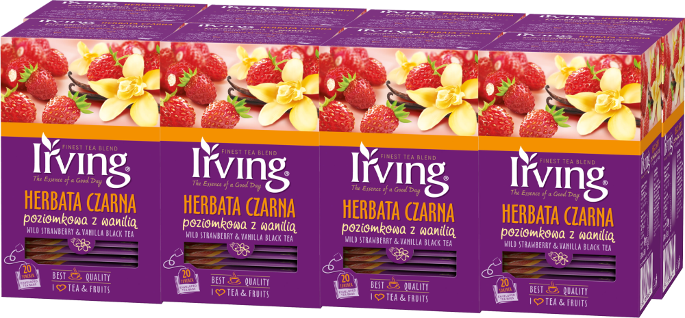 8x Herbata czarna aromatyzowana w kopertach Irving, poziomka z wanilią, 20 sztuk x 1.5g
