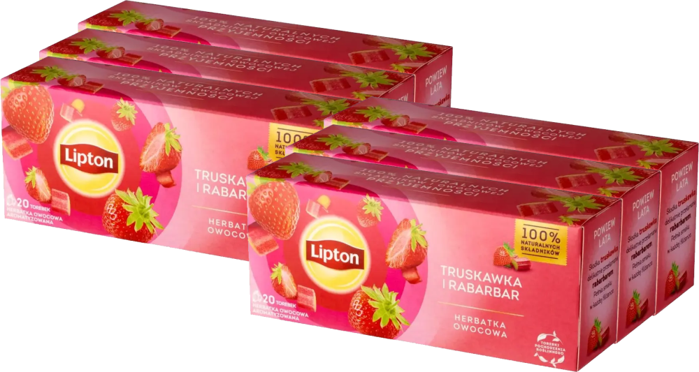 6x Herbata owocowa w torebkach Lipton, truskawka i rabarbar, 20 sztuk x 1.6g
