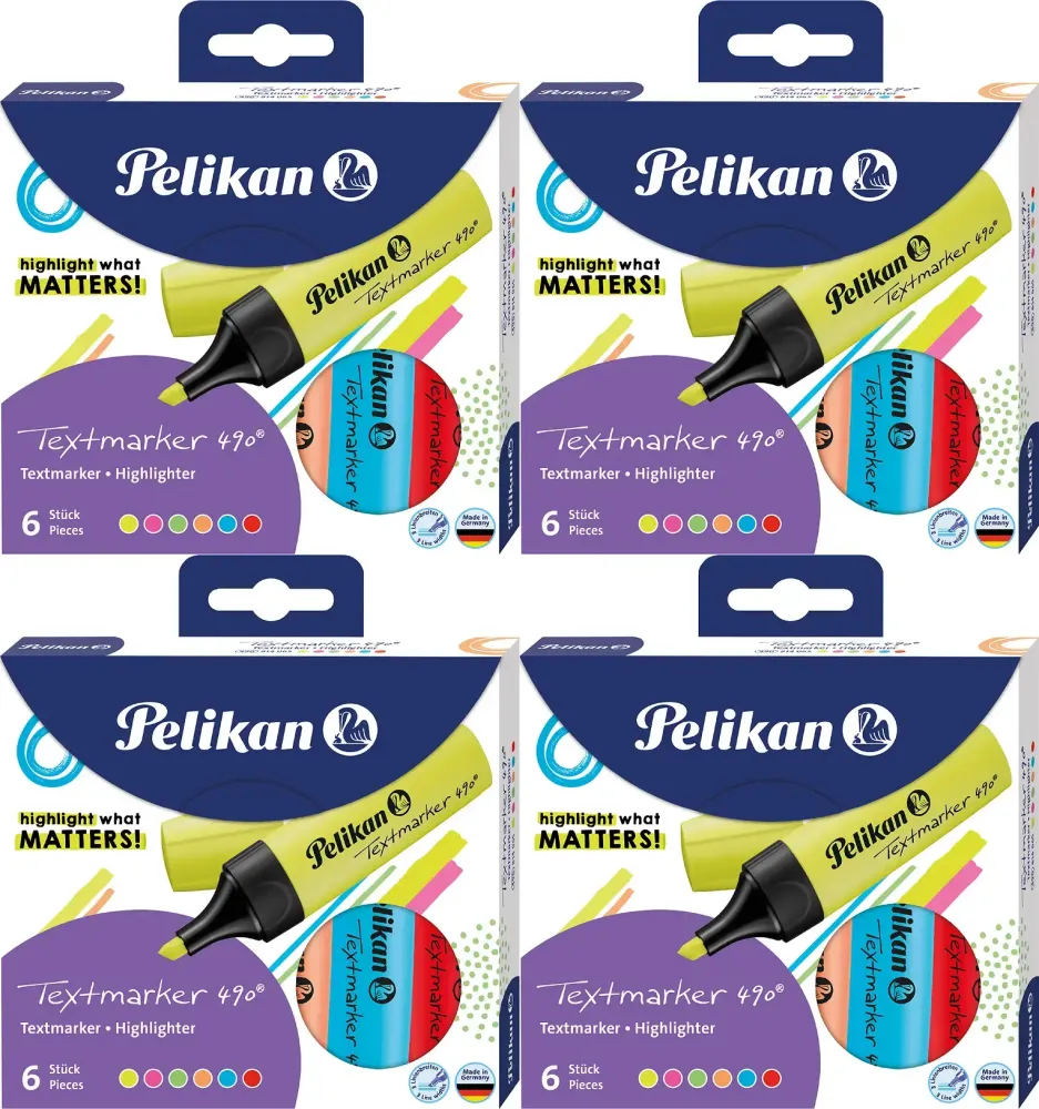4x Zakreślacz Pelikan 490, ścięta, 6 sztuk, mix kolorów