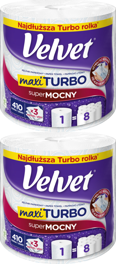 2x Ręcznik papierowy Velvet Turbo Maxi, 3-warstwowy, w roli, 1 rolka, biały