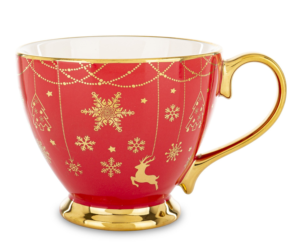Filiżanka ceramiczna czerwona 380ml złote renifery, na stopce