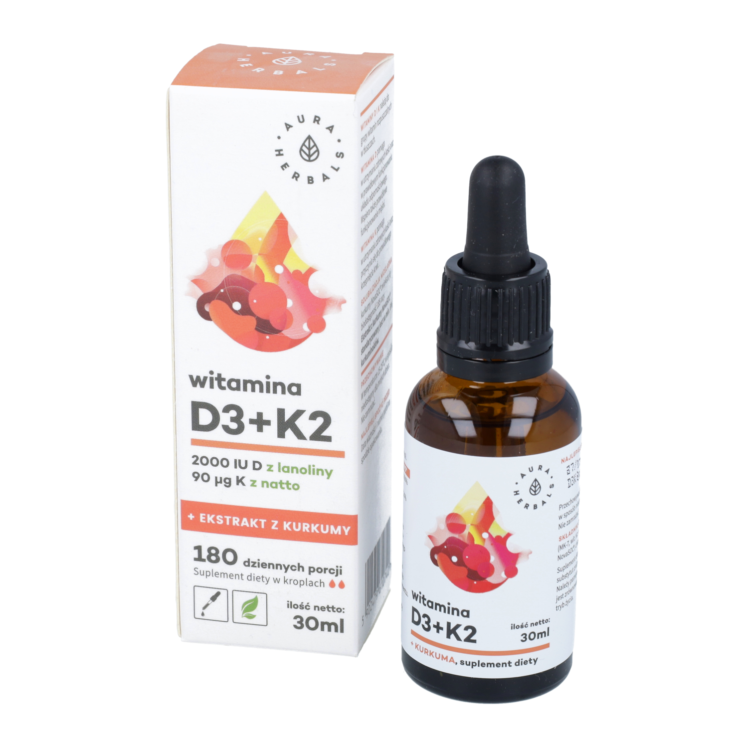 Aura herbals witamina d3 (2000iu) + k2 + ekstrakt z kurkumy, 30 ml