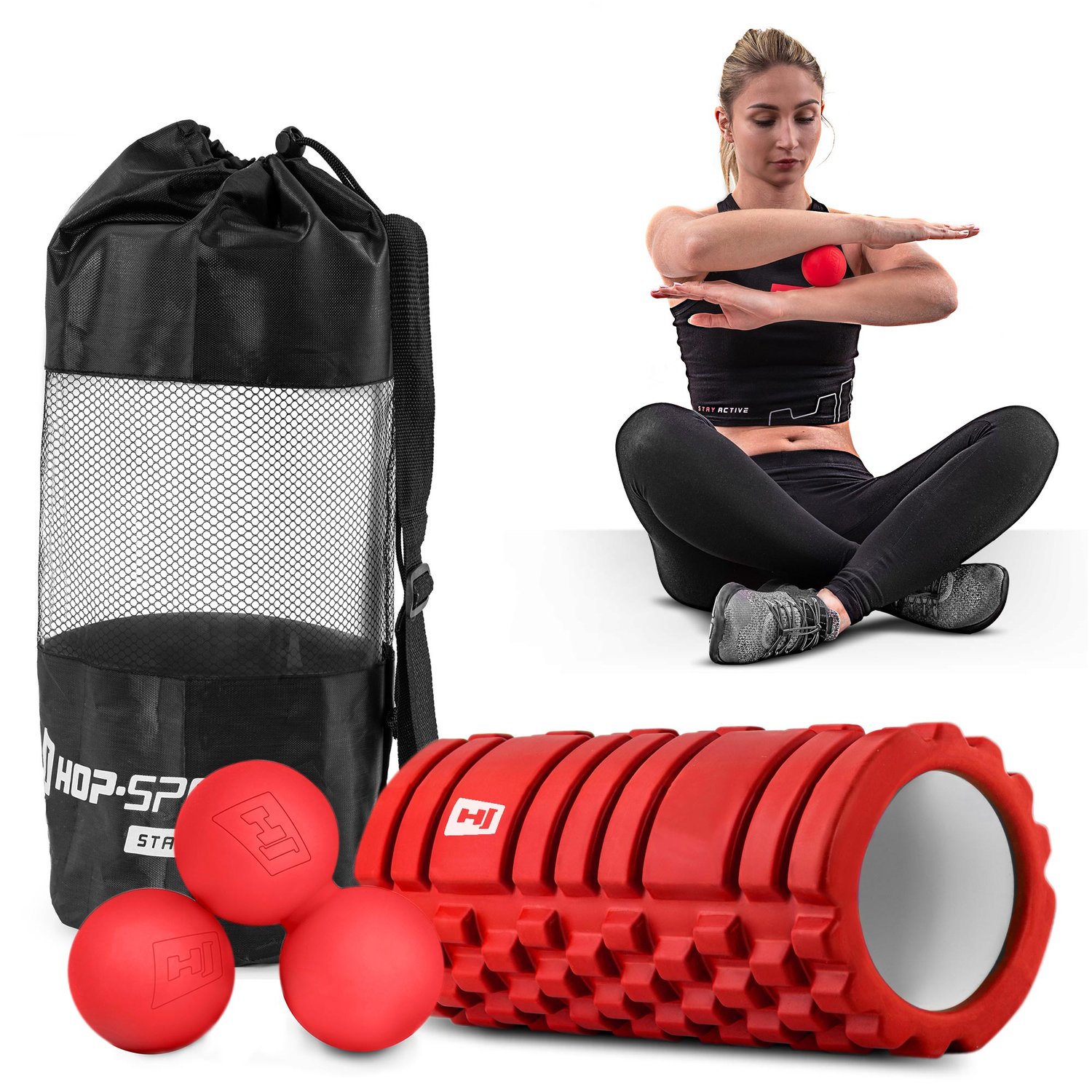 Massagebälle-Set + EVA-Roller, rot