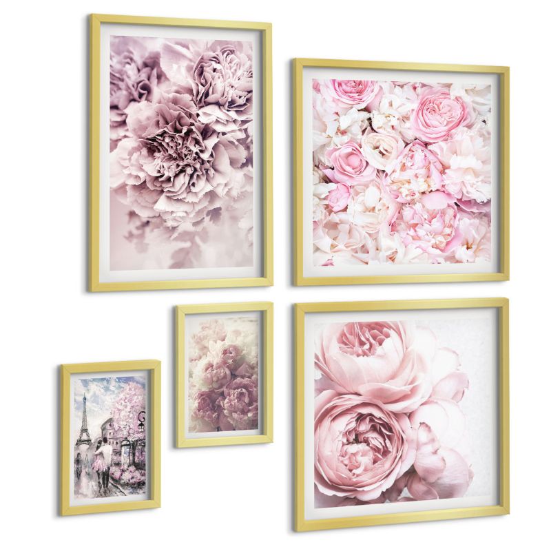 Zestaw Obrazów 5 Częściowy ArtPrintCave (2x50x50+2x20x30+40x60cm) Złota rama Kwiaty różowy krajobraz romantyczny 1 kpl.